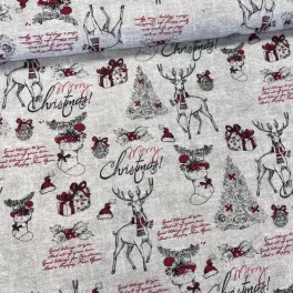   Natúr alapon sálat viselő szarvas (Merry Christmas) karácsonyi dekortextil (TH)