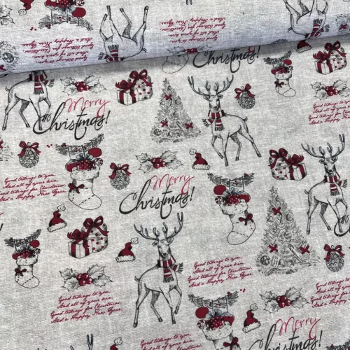 Natúr alapon sálat viselő szarvas (Merry Christmas) karácsonyi dekortextil (TH)