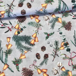   Halvány akvarelles szürkés a. makk.toboz.csengő karácsonyi dekortextil (TH)