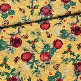   280 cm-es sárgás alapon tobozos-piros gömbdíszes karácsonyi dekortextil (TH)