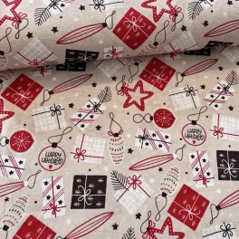   280 cm széles Natúr alapon Happy Holidays, karácsonyi díszes dekortextil
