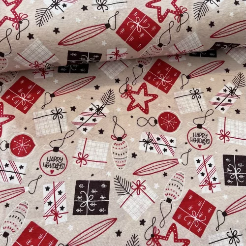 280 cm széles Natúr alapon Happy Holidays, karácsonyi díszes dekortextil