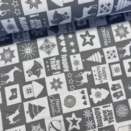   280 cm-es Fehér-szürke négyzetes Happy New Year karácsonyi dekortextil (TH)