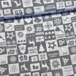   Fehér-szürke négyzetes Happy New Year karácsonyi dekortextil (TH)