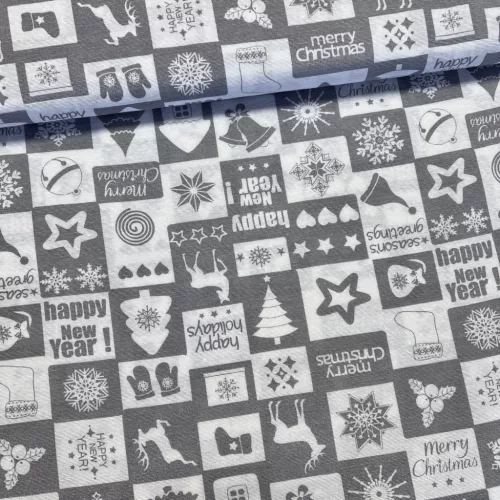 Fehér-szürke négyzetes Happy New Year karácsonyi dekortextil (TH)