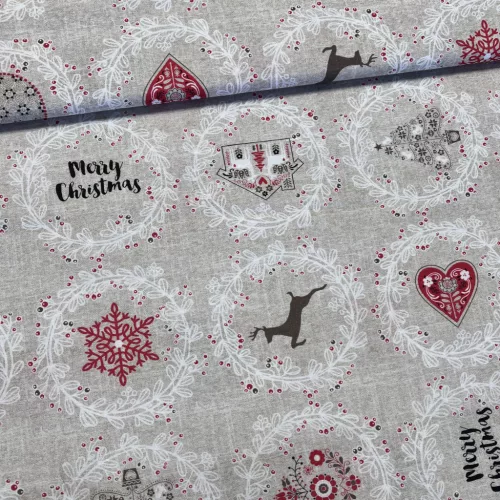 280 cm-es Natúr alapon piros szíves, szarvasos karácsonyi dekortextil (TH)