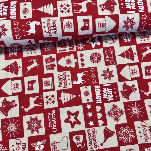 Piros-natúr Happy New Year négyzetes karácsonyi dekortextil (TH)