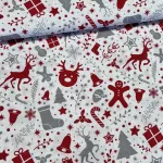 Fehér alapon piros-szürke karácsonyi mézeskalácsos dekortextil (TH)