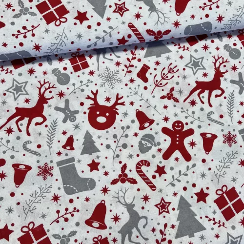 Fehér alapon piros-szürke karácsonyi mézeskalácsos dekortextil (TH)