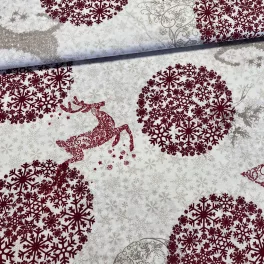  Világos alapon nagy bordó hópelyhes-szarvasos karácsonyi dekortextil (TH)
