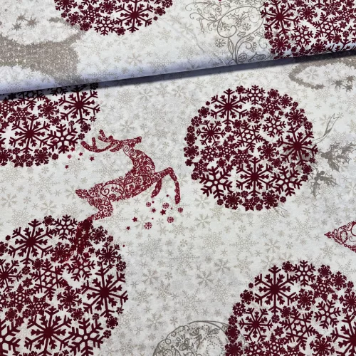 Világos alapon nagy bordó hópelyhes-szarvasos karácsonyi dekortextil (TH)