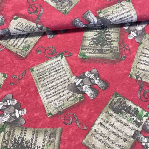 280 cm-es Piros alapon éneklő angyalos-kottás karácsonyi dekortextil (TH)