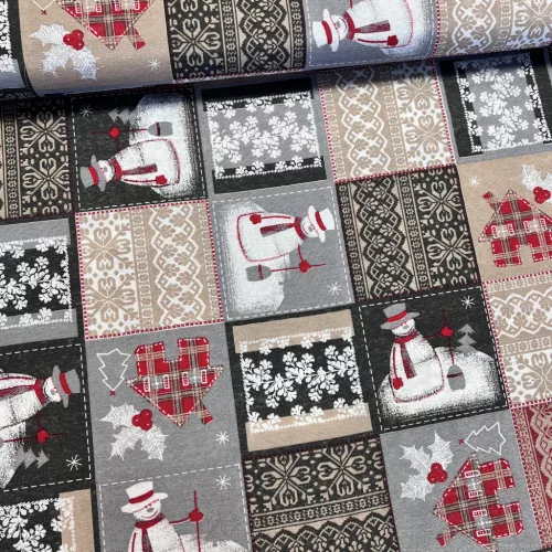 Szürkés színvilágú hóemberes karácsonyi dekortextil (TH)