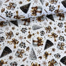   Fehér alapon arany masnis, fenyőfás karácsonyi dekortextil (digitálisan nyomott)