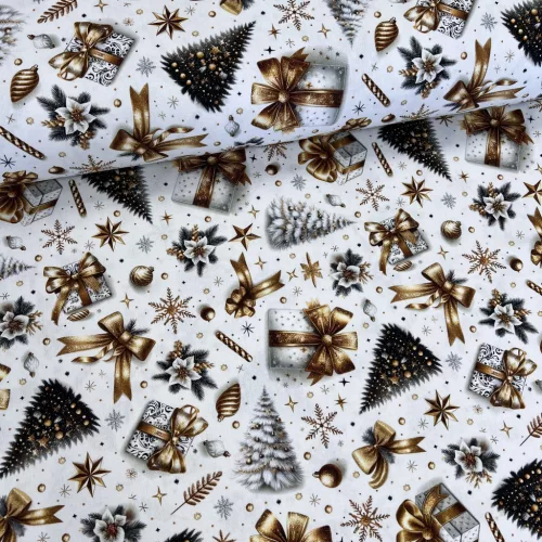 Fehér alapon arany masnis, fenyőfás karácsonyi dekortextil (digitálisan nyomott)