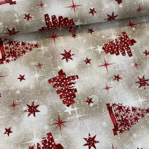 Natúr alapon piros karácsonyfás Merry Christmas feliratos mintás dekortextil