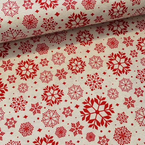 Natúr alapon piros hópelyhes karácsonyi dekortextil