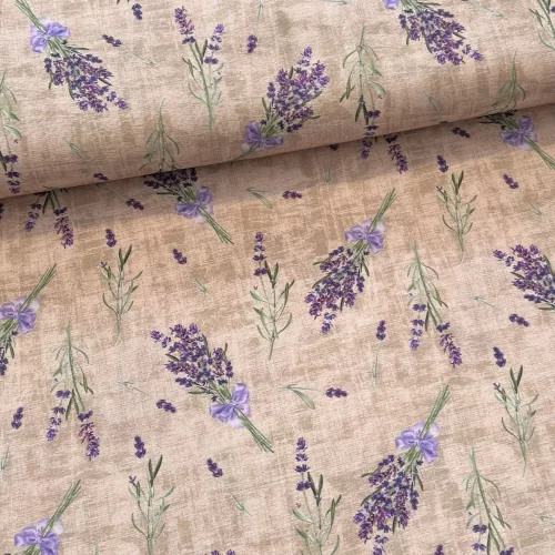 Zsákvászon hatású alapon levendula csokros dekortextil (TA)