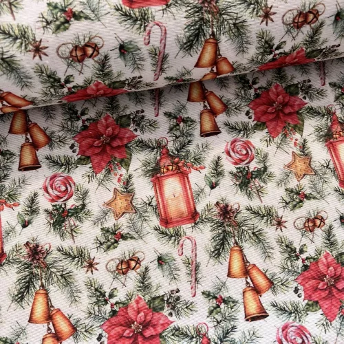 Mécses-mikulásvirág-cukorkás-fenyőágas karácsonyi dekortextil