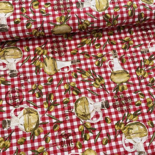 1,5 m EGYBEN KÉRHETŐ Extra Virgin Olive Oil: piros-fehér színvilágú dekortextil