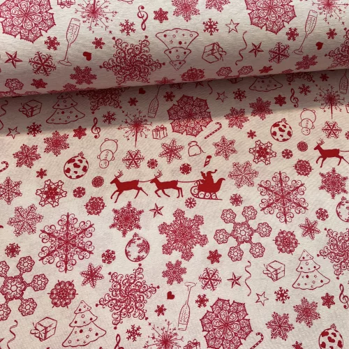 Natúr alapon piros Mikulás szán-hópelyhes karácsonyi dekortextil (TA)