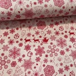   1,1 m Elmosódott minta EGYBEN KÉRHETŐ Natúr alapon piros Mikulás szán-hópelyhes karácsonyi dekortextil (TA)