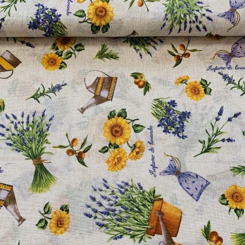 Natúr alapon napraforgós-levendulás-öntözőkannás dekortextil