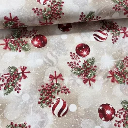  Natúros alapon piros csillagos és csíkos gömbdíszes karácsonyi dekortextil