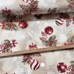Natúros alapon piros csillagos és csíkos gömbdíszes karácsonyi dekortextil