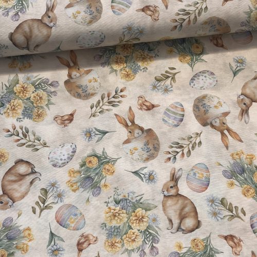 0,54 m EGYBEN KÉRHETŐ HIBÁS Ekrü-halvány sárgás alapon csészében ülő húsvéti nyuszis dekortextil - 25 cm-es koszcsík 
