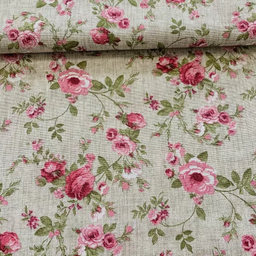 Natúr alapon rózsaszín rózsás-indás dekortextil