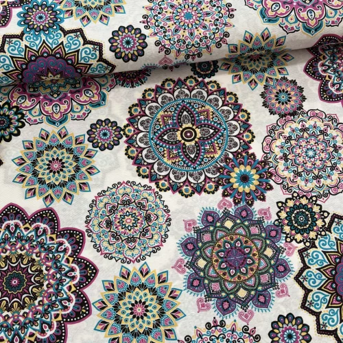 Világos alapon ciklámen-sárga-kék mandalás dekortextil