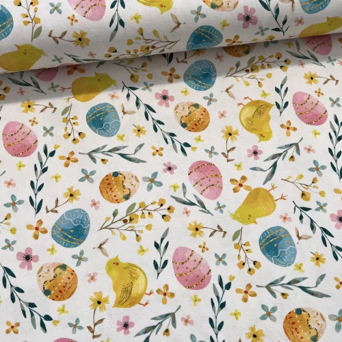 PRÉMIUM: Színes húsvéti tojásos, kiscsibés dekortextil (digitálisan nyomott)