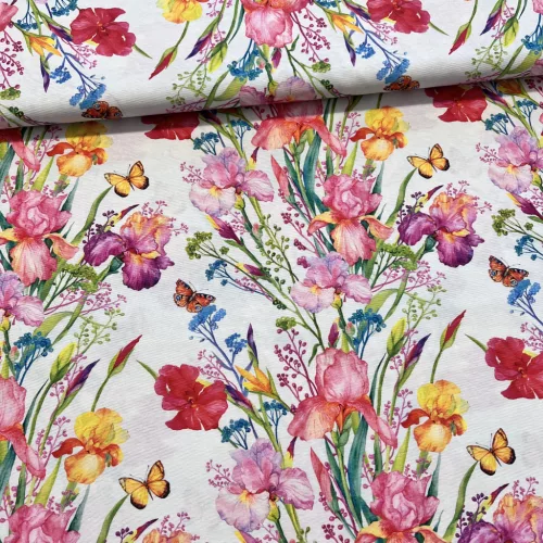 Világos alapon nőszirom-pillangós dekortextil