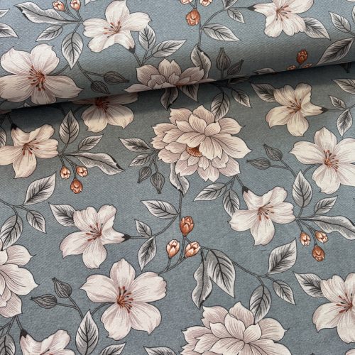 Hideg kékes alapon fehér virágos dekortextil