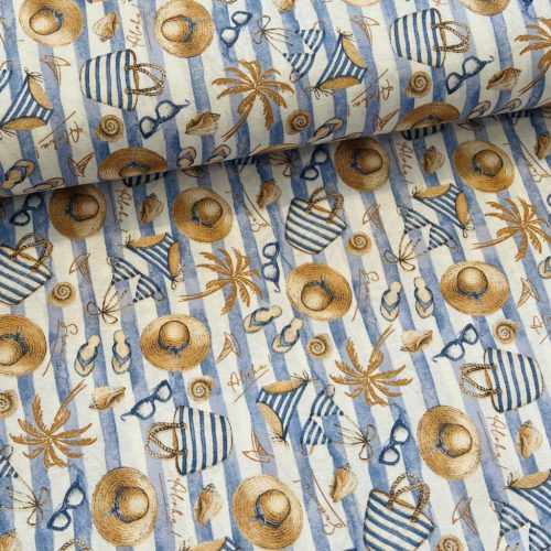 Csíkos alapon tengerparti kalapos, napszemüveges dekortextil