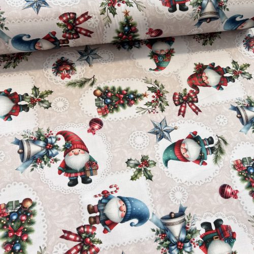 Karácsonyi szakállas manók csipke háttérben dekortextil (digitálisan nyomott)