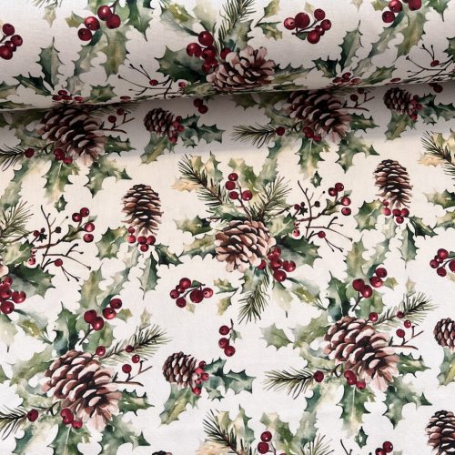 Tobozos-piros bogyós karácsonyi dekortextil (digitálisan nyomott)
