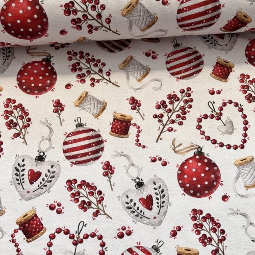 Gyöngyfüzéres-gömbdíszes-magyal bogyós karácsonyi dekortextil (digitálisan nyomott)