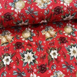   Piros a. fehér mikulásvirágos-csengős karácsonyi dekortextil (TH)