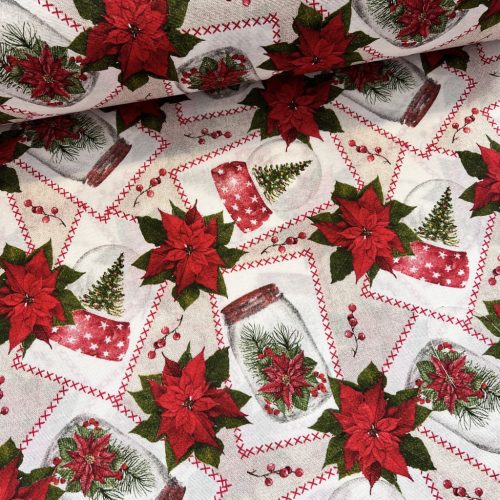 Üvegcsékben mikulásvirágos-hógömbös karácsonyi dekortextil (TH)