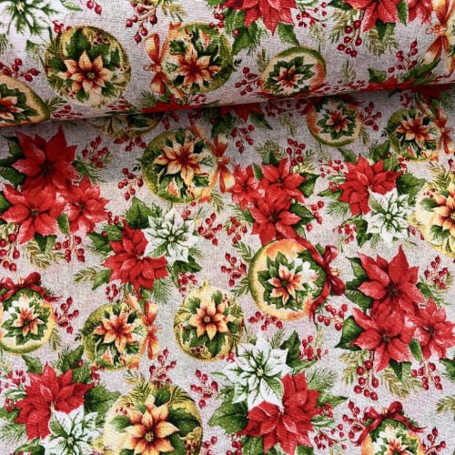 Mikulásvirág-gömbdísz natúr alapon karácsonyi dekortextil (TH)