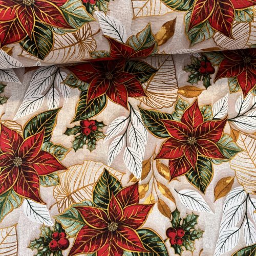 Natúr a. nagy mikulásvirágok szegéllyel karácsonyi dekortextil (TH)