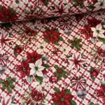 Kockás alapon mikulásvirágos csokros-díszes karácsonyi dekortextil (TH)