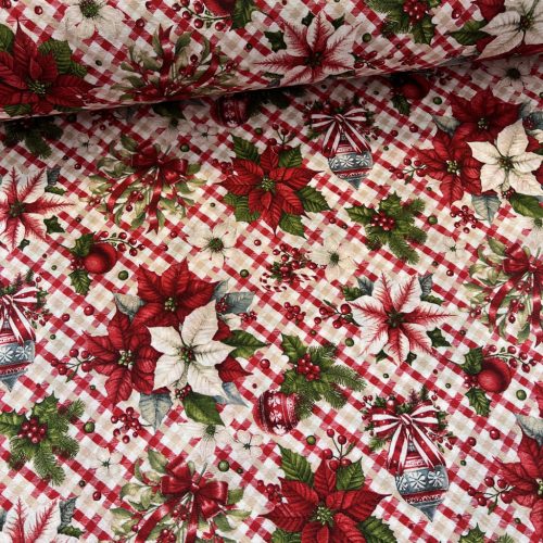 Kockás alapon mikulásvirágos csokros-díszes karácsonyi dekortextil (TH)