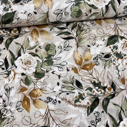 Fehér rózsás-zöld-arany leveles dekortextil (A)