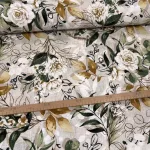 Fehér rózsás-zöld-arany leveles dekortextil (A)