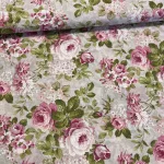 Natúr alapon rózsaszín-fehér hortenziás rózsás dekortextil (A)