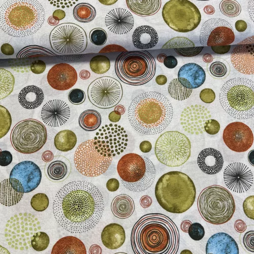 0,34 m EGYBEN KÉRHETŐ Világos alapon narancs-zöld-kék körök dekortextil (A)