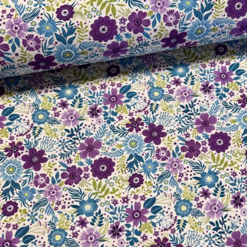 Kedves virágos: Fehér a. lila-kék dekortextil (digitálisan nyomott)